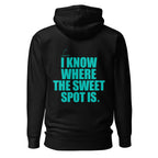 Back view mockup of a premium padel hoodie with electric cyan I Know Where The Sweet Spot Is statement. Lobstory.eu