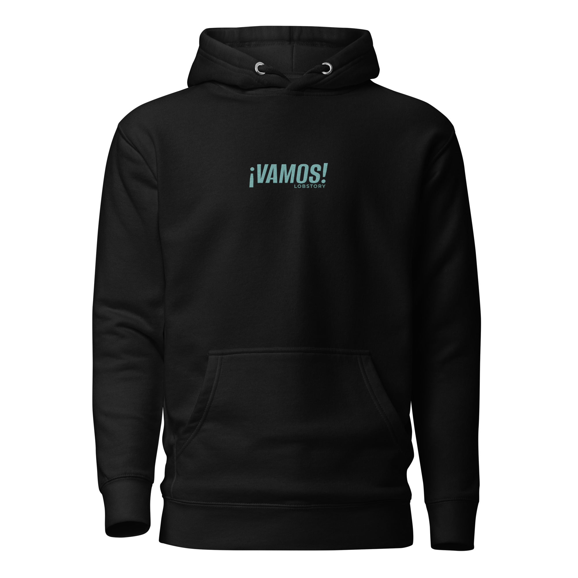 Front view mockup of a premium heavyweight padel lifestyle hoodie with teal ¡VAMOS! logo.