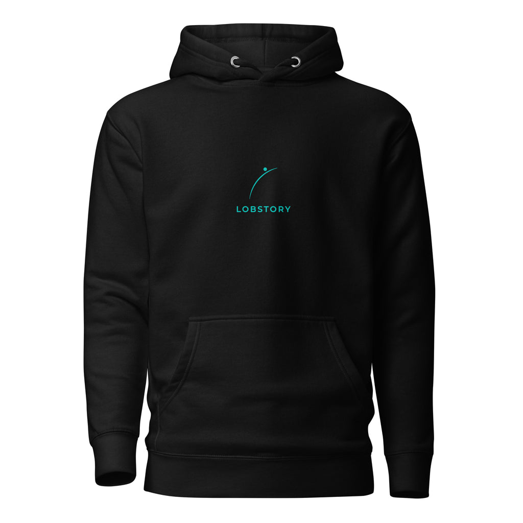 Front view mockup of a premium heavyweight padel hoodie with electric cyan LobStory chest logo. www.lobstory.eu