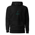 Front view mockup of a premium heavyweight padel hoodie with electric cyan LobStory chest logo. www.lobstory.eu