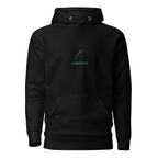 Front view mockup of a premium heavyweight padel hoodie with electric cyan LobStory chest logo. www.lobstory.eu