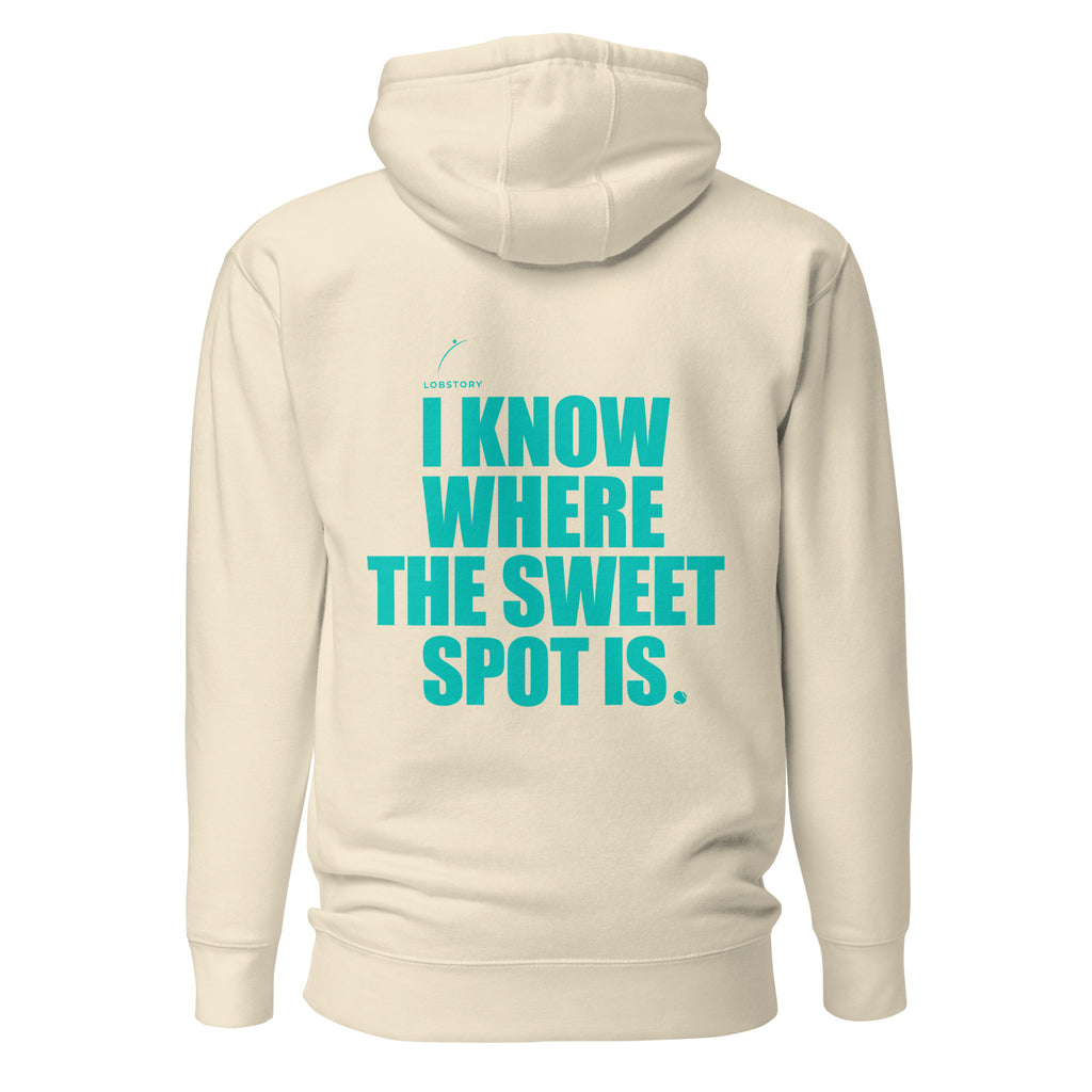 Back view mockup of a premium padel hoodie with electric cyan I Know Where The Sweet Spot Is statement. Lobstory.eu