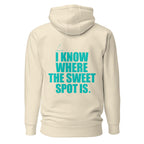 Back view mockup of a premium padel hoodie with electric cyan I Know Where The Sweet Spot Is statement. Lobstory.eu