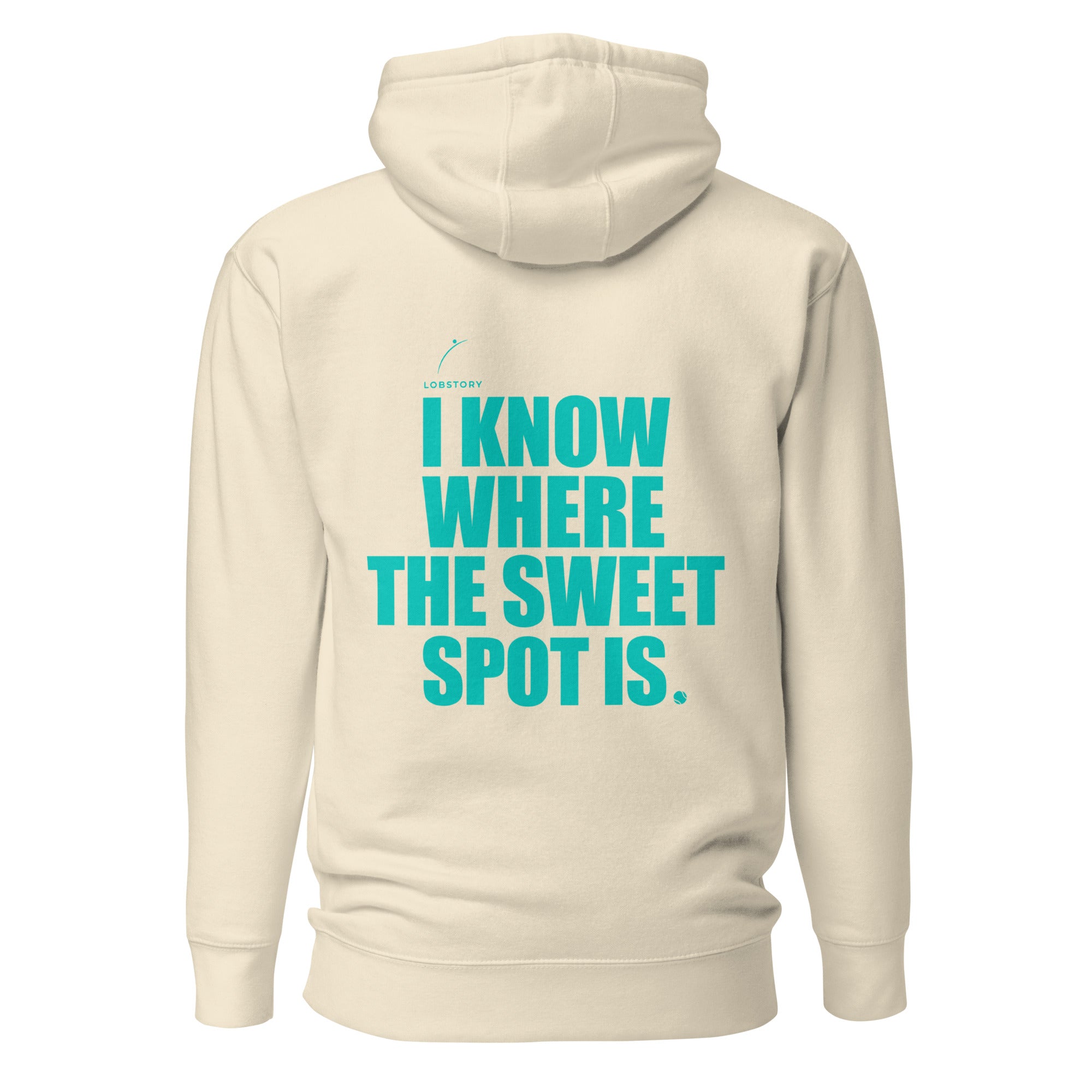 Back view mockup of a premium padel hoodie with electric cyan I Know Where The Sweet Spot Is statement. Lobstory.eu