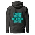 Back view mockup of a premium padel hoodie with electric cyan I Know Where The Sweet Spot Is statement. Lobstory.eu