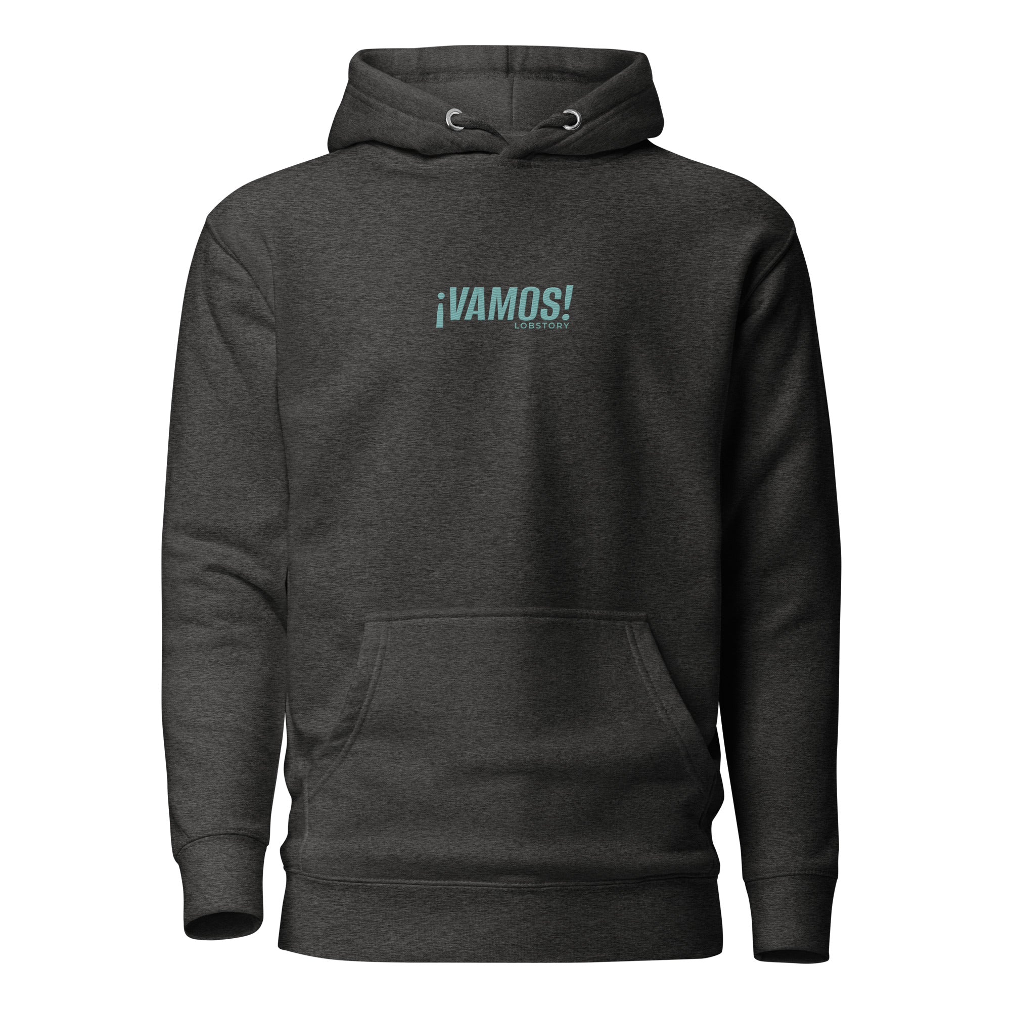 Front view mockup of a premium heavyweight padel lifestyle hoodie with teal ¡VAMOS! logo.