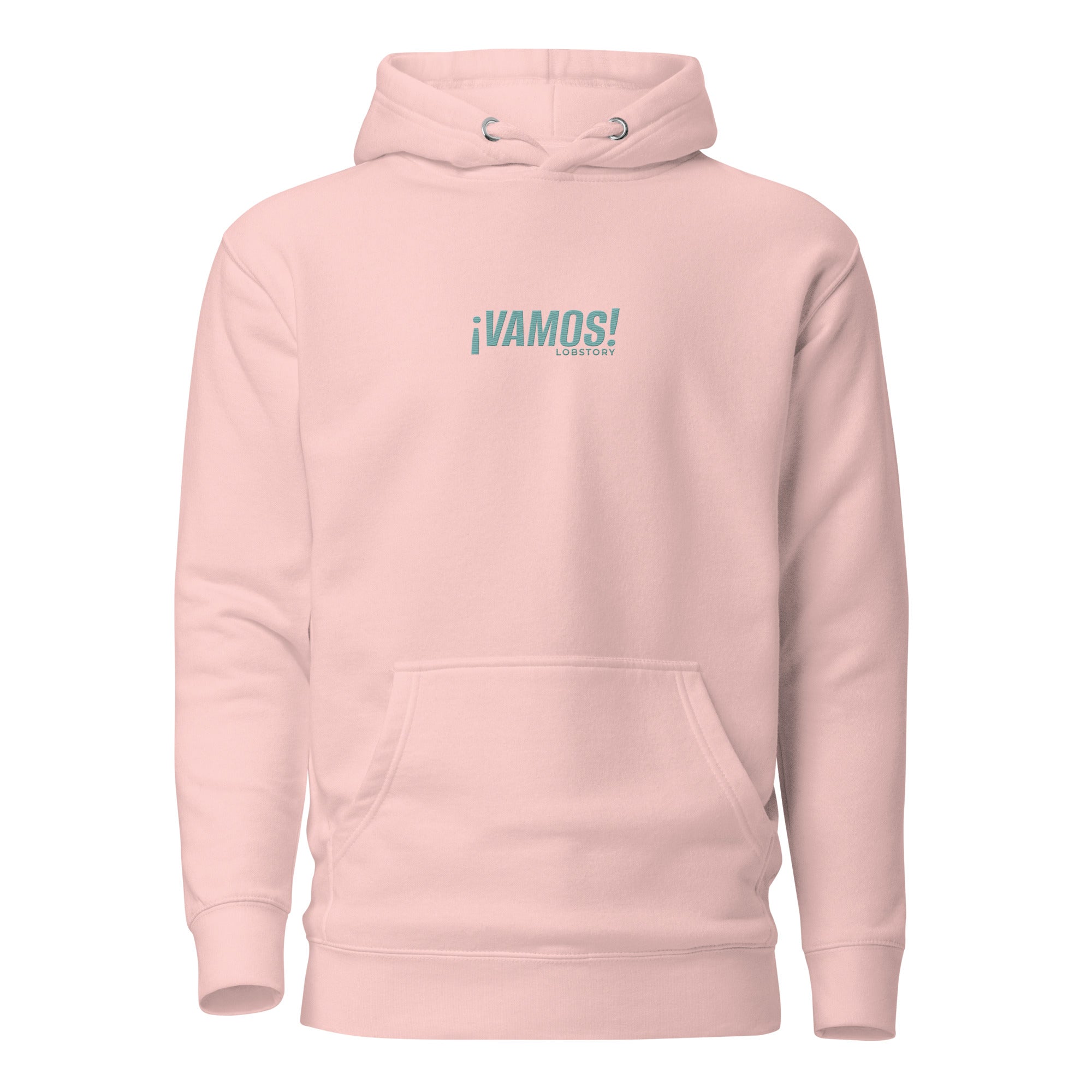 Front view mockup of a premium heavyweight padel lifestyle hoodie with teal ¡VAMOS! logo.