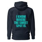 Back view mockup of a premium padel hoodie with electric cyan I Know Where The Sweet Spot Is statement. Lobstory.eu