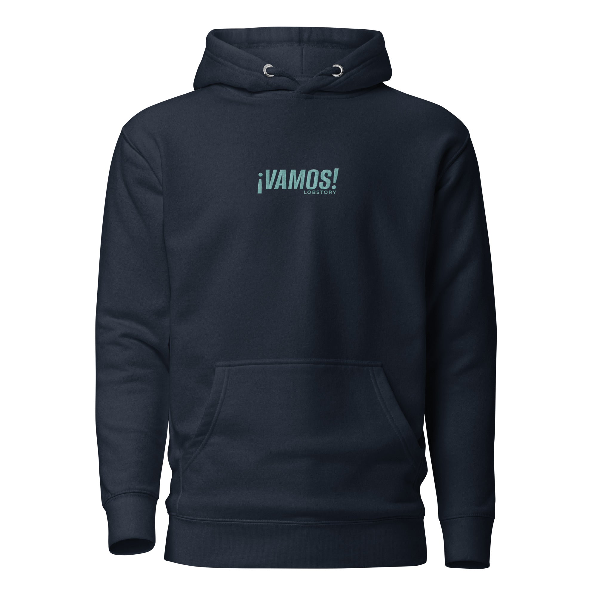 Front view mockup of a premium heavyweight padel lifestyle hoodie with teal ¡VAMOS! logo.