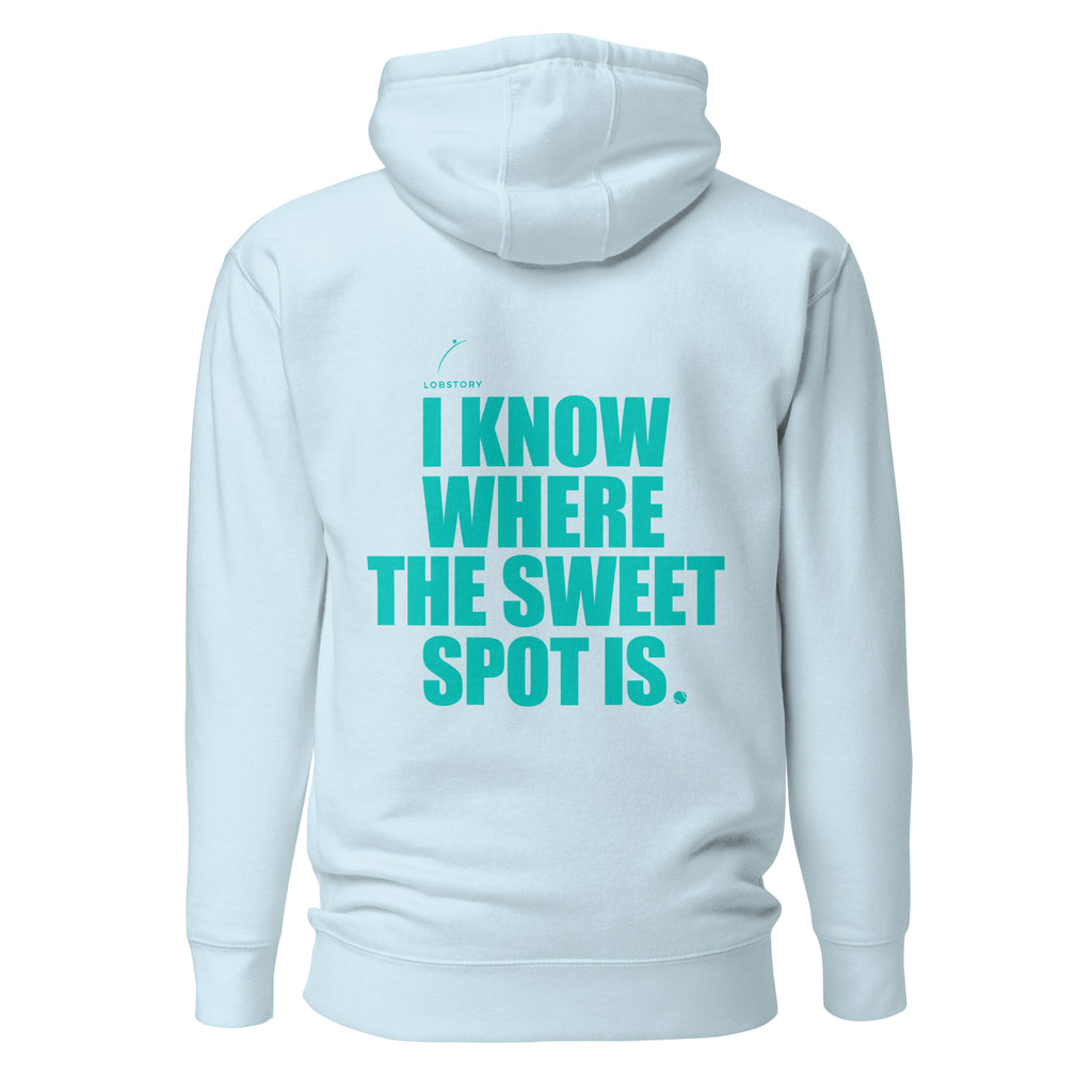 Back view mockup of a premium padel hoodie with electric cyan I Know Where The Sweet Spot Is statement. Lobstory.eu