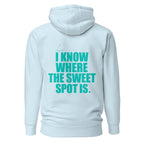 Back view mockup of a premium padel hoodie with electric cyan I Know Where The Sweet Spot Is statement. Lobstory.eu