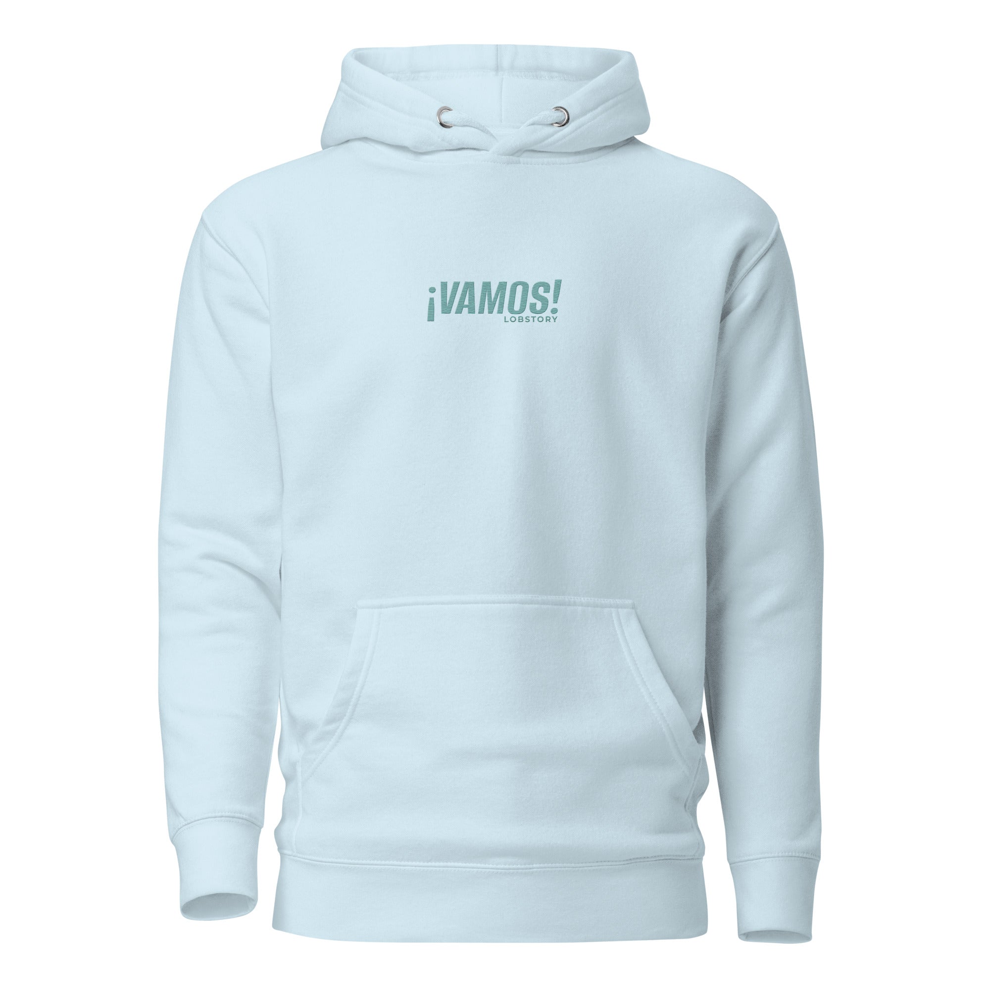 Front view mockup of a premium heavyweight padel lifestyle hoodie with teal ¡VAMOS! logo.
