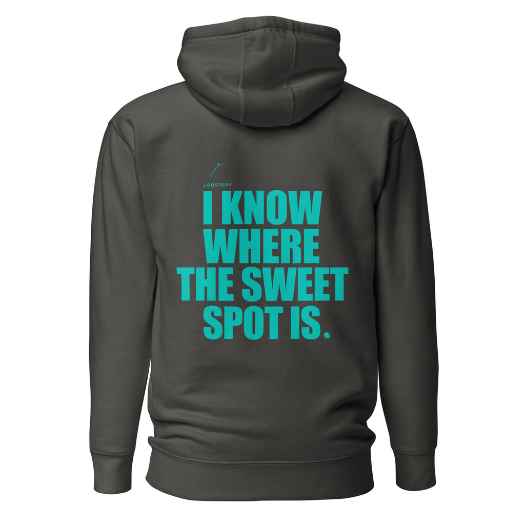 Back view mockup of a premium padel hoodie with electric cyan I Know Where The Sweet Spot Is statement. Lobstory.eu