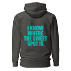 Back view mockup of a premium padel hoodie with electric cyan I Know Where The Sweet Spot Is statement. Lobstory.eu