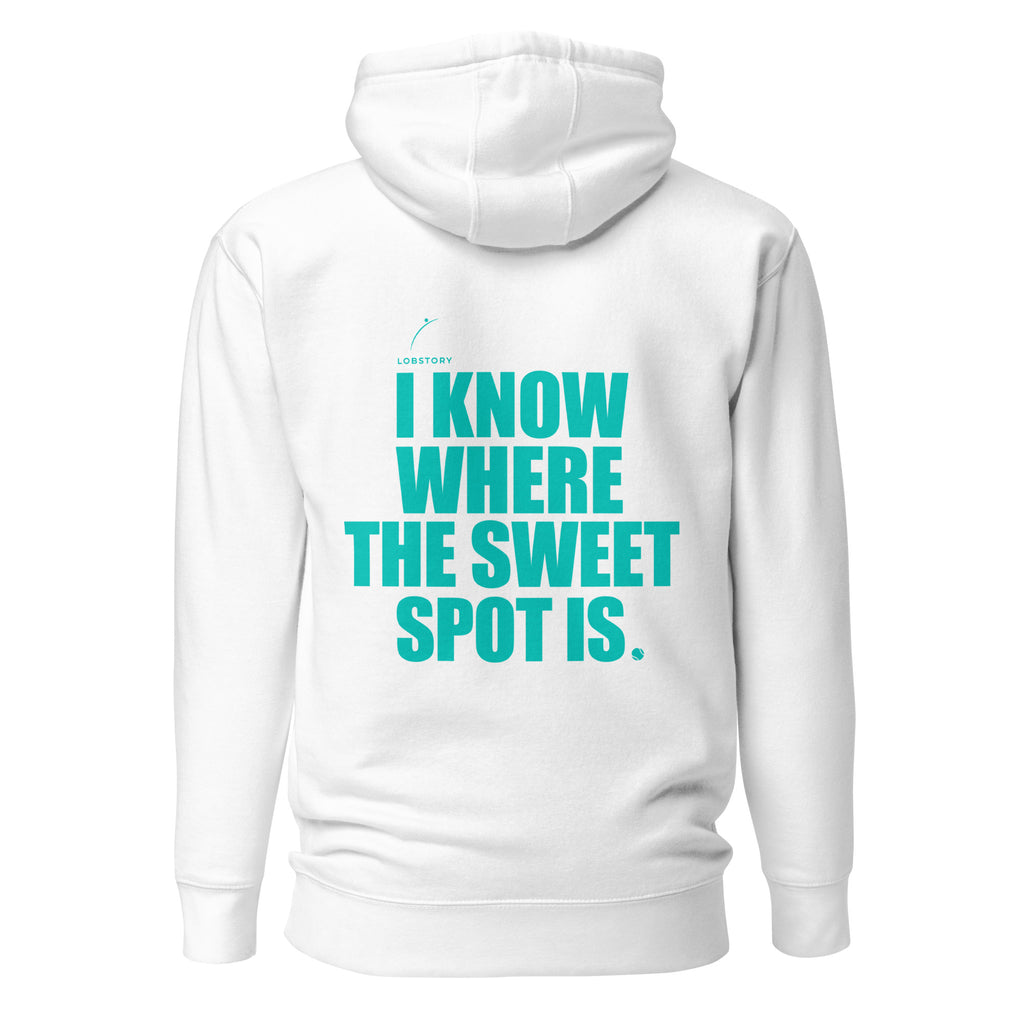 Back view mockup of a premium padel hoodie with electric cyan I Know Where The Sweet Spot Is statement. Lobstory.eu