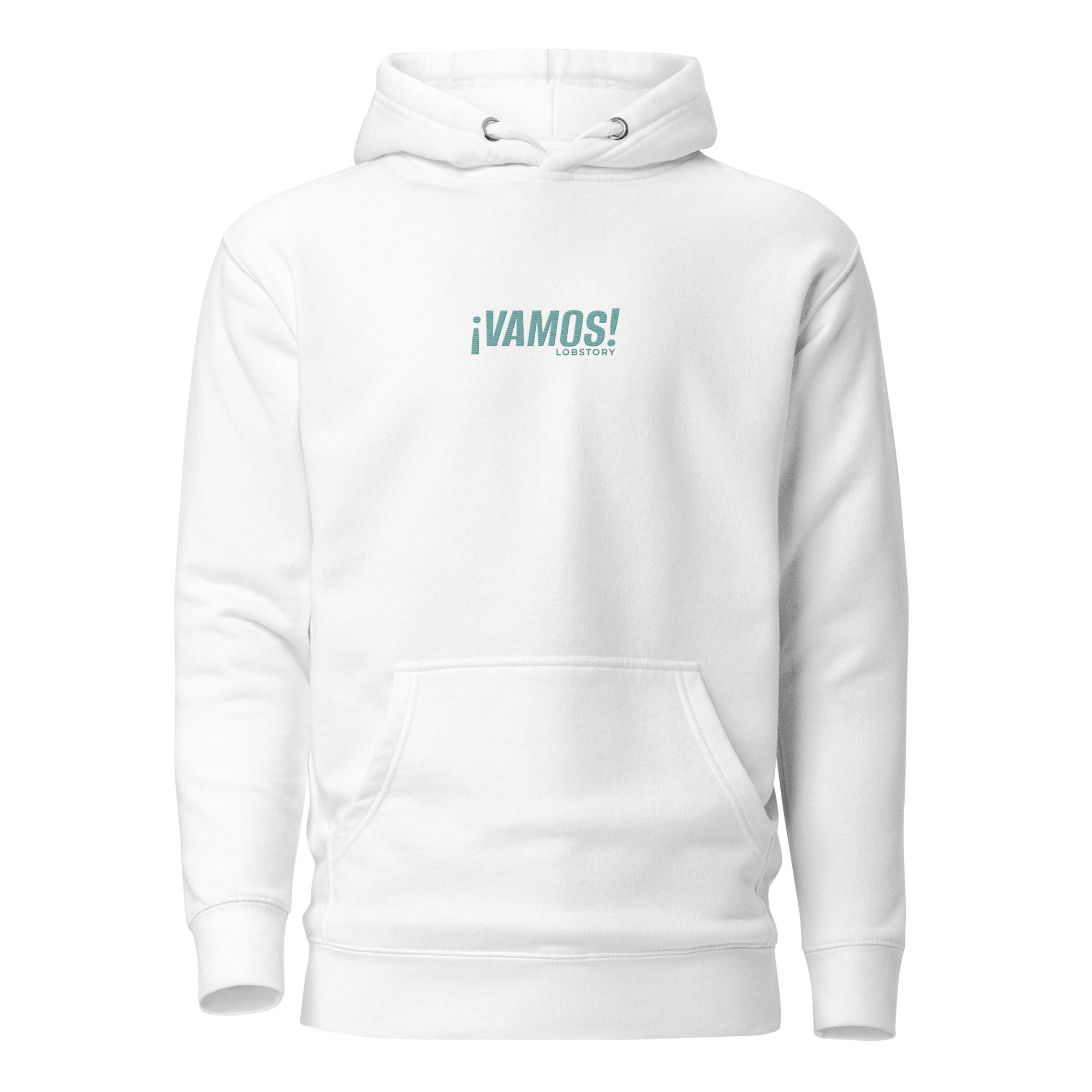 Front view mockup of a premium heavyweight padel lifestyle hoodie with teal ¡VAMOS! logo.