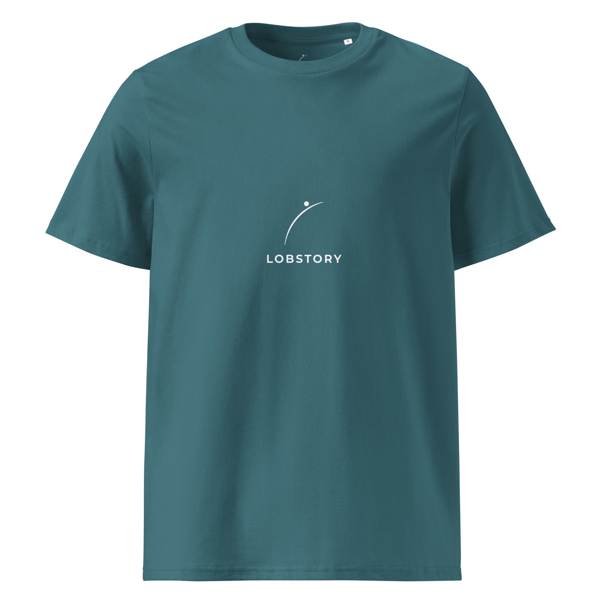 Front view mockup of organic cotton padel lifestyle t-shirt with teal LobStory chest logo.