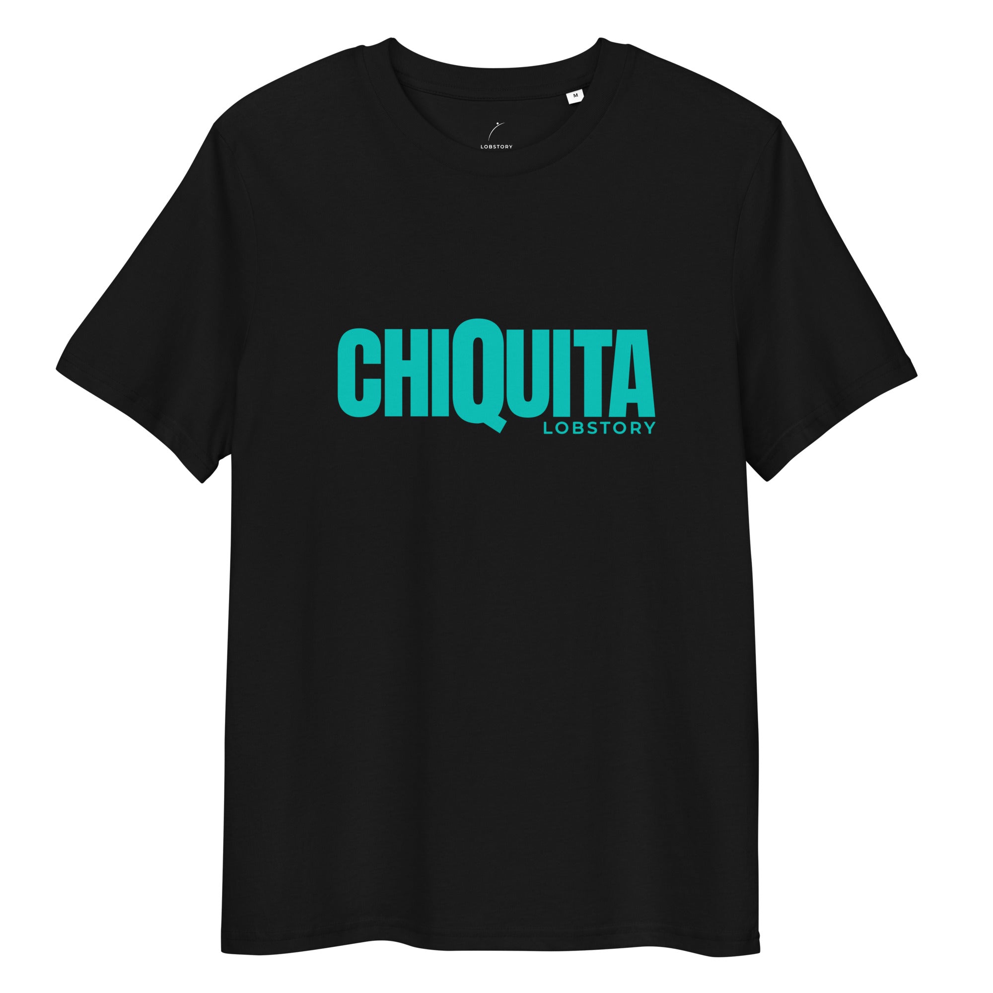 Flat lay of desert dust CHIQUITA unisex organic cotton padel lifestyle t-shirt with teal logo - LobStory