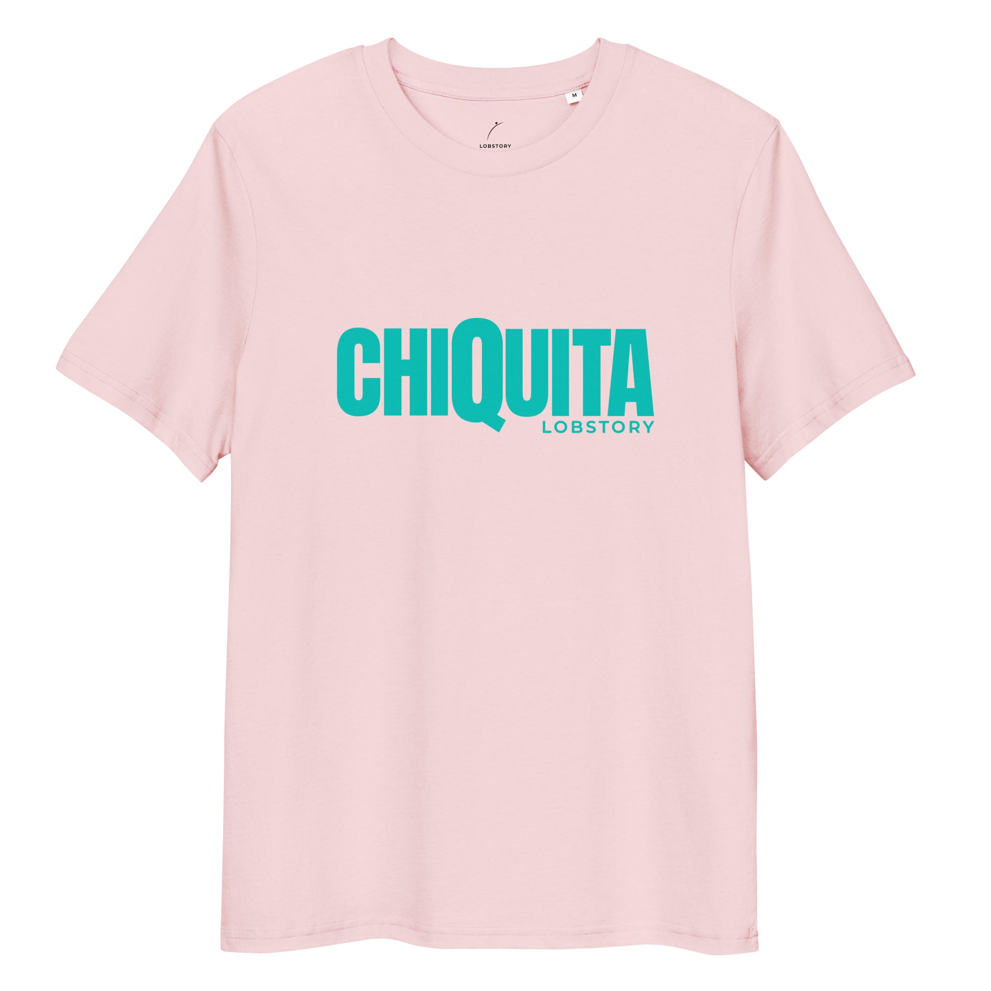 Flat lay of desert dust CHIQUITA unisex organic cotton padel lifestyle t-shirt with teal logo - LobStory