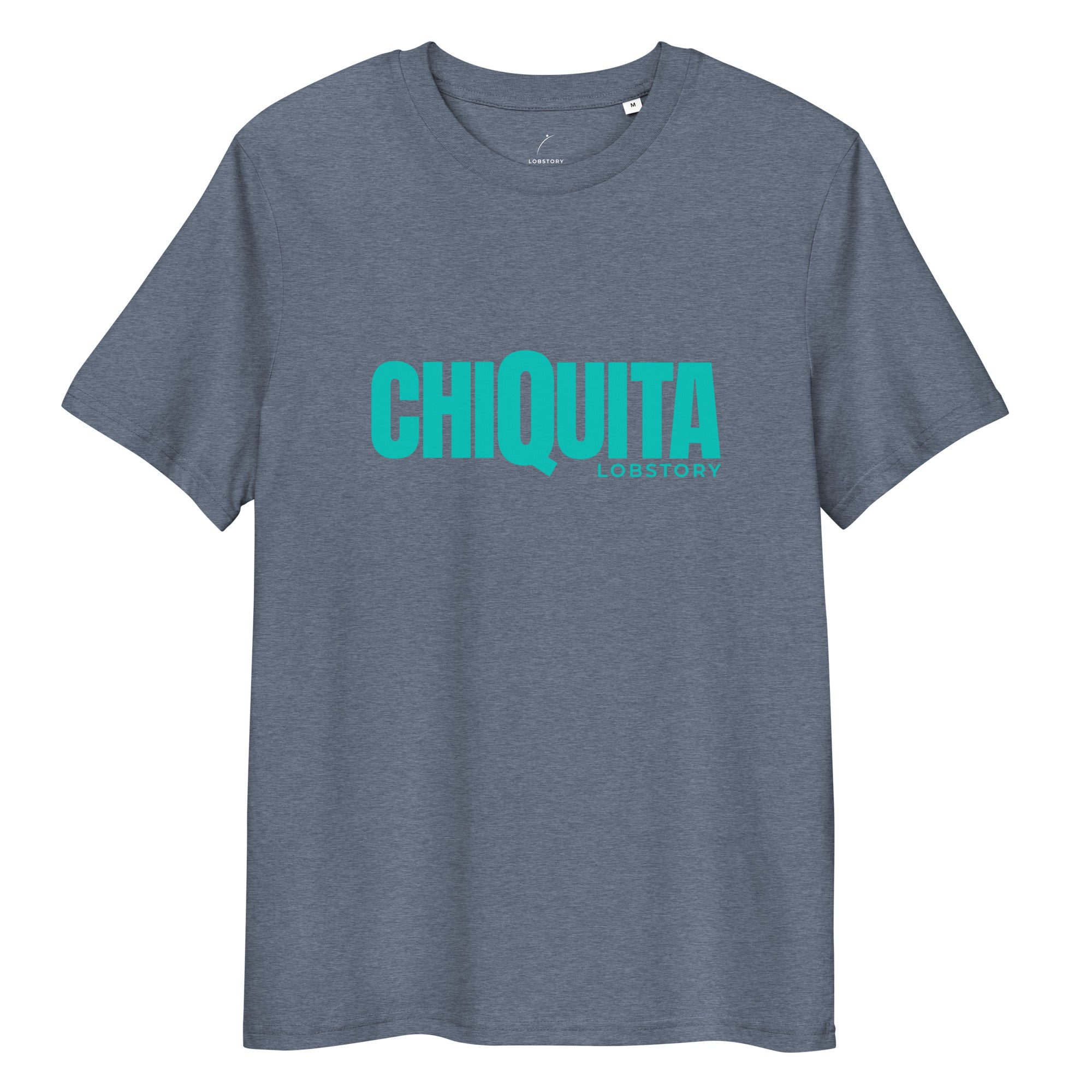 Flat lay of desert dust CHIQUITA unisex organic cotton padel lifestyle t-shirt with teal logo - LobStory