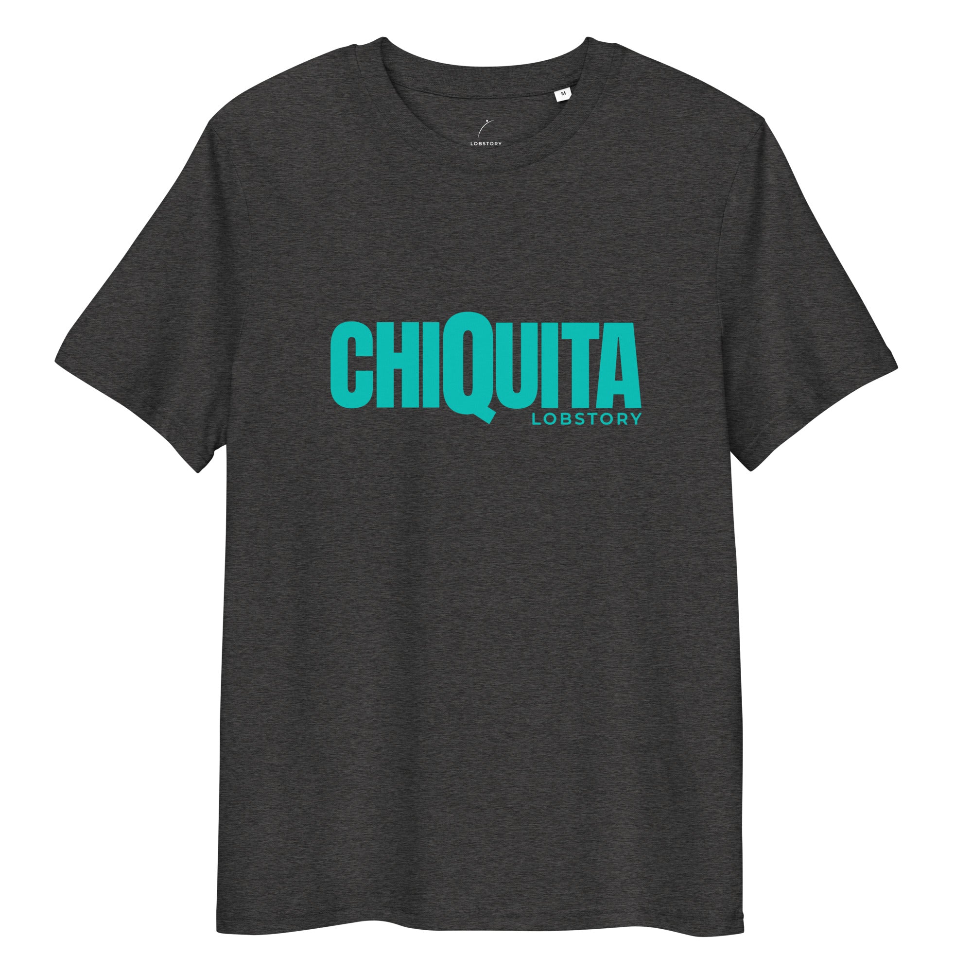 Flat lay of desert dust CHIQUITA unisex organic cotton padel lifestyle t-shirt with teal logo - LobStory