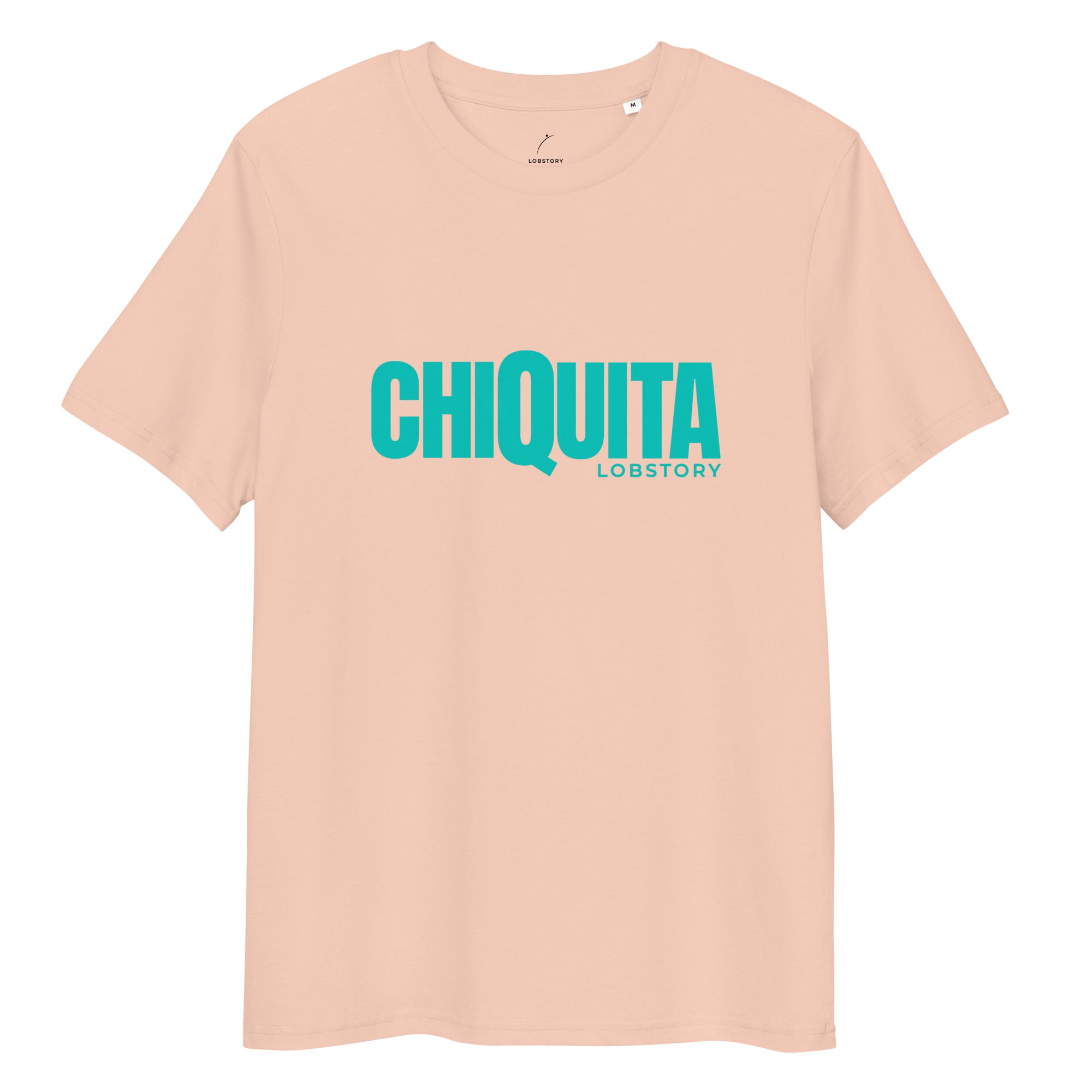 Flat lay of desert dust CHIQUITA unisex organic cotton padel lifestyle t-shirt with teal logo - LobStory