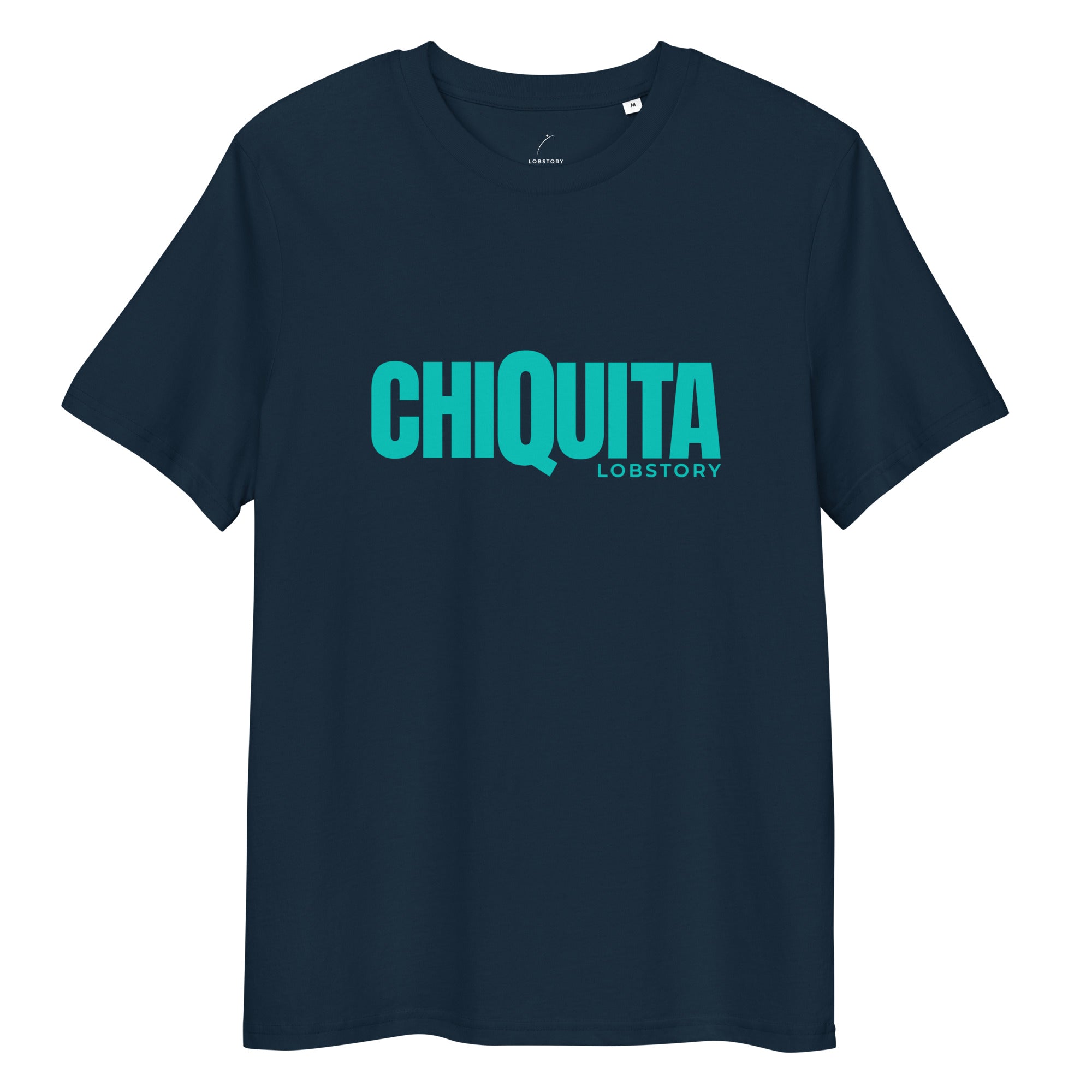 Flat lay of desert dust CHIQUITA unisex organic cotton padel lifestyle t-shirt with teal logo - LobStory