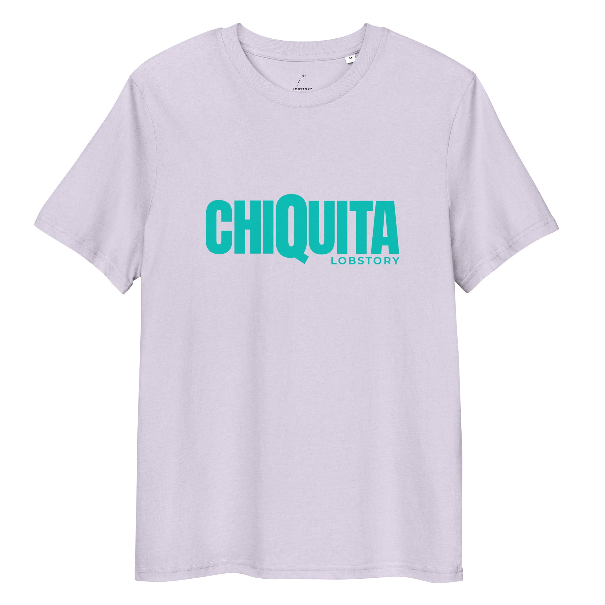 Flat lay of desert dust CHIQUITA unisex organic cotton padel lifestyle t-shirt with teal logo - LobStory
