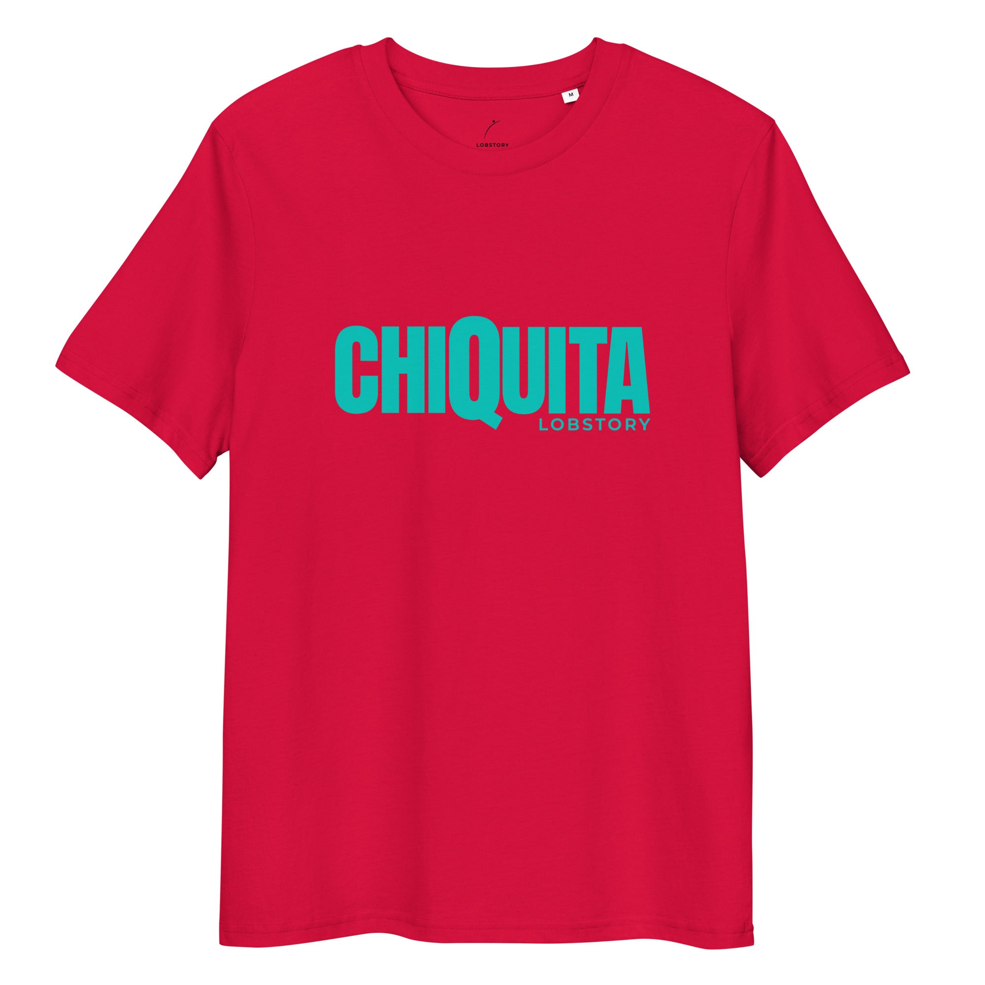 Flat lay of desert dust CHIQUITA unisex organic cotton padel lifestyle t-shirt with teal logo - LobStory