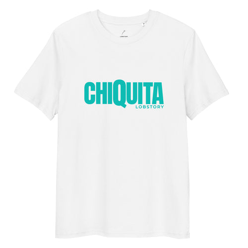 Flat lay of desert dust CHIQUITA unisex organic cotton padel lifestyle t-shirt with teal logo - LobStory