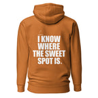 Back view mockup of a premium padel hoodie with bold I Know Where The Sweet Spot Is statement. Lobstory.eu
