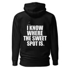 Back view mockup of a premium padel hoodie with bold I Know Where The Sweet Spot Is statement. Lobstory.eu
