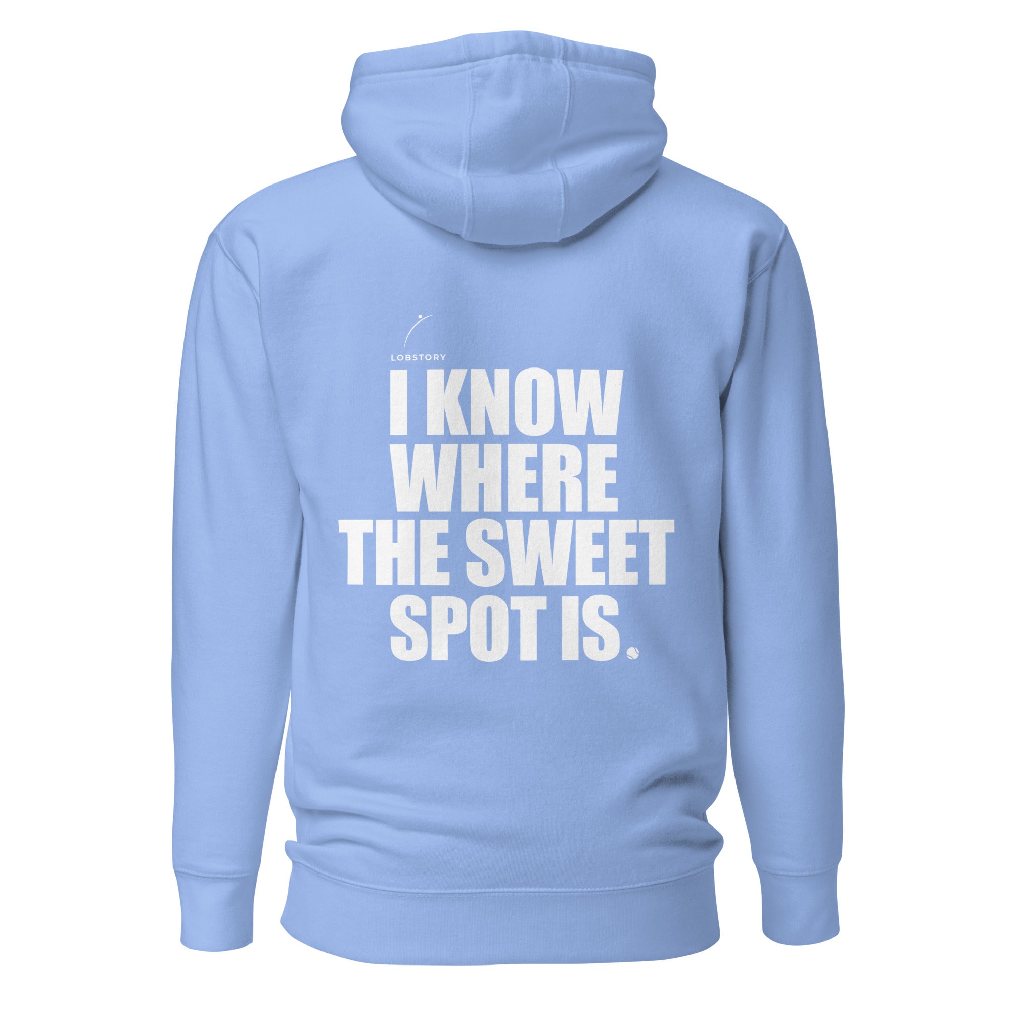 Back view mockup of a premium padel hoodie with bold I Know Where The Sweet Spot Is statement. Lobstory.eu