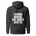 Back view mockup of a premium padel hoodie with bold I Know Where The Sweet Spot Is statement. Lobstory.eu