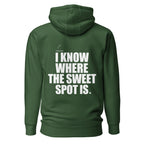 Back view mockup of a premium padel hoodie with bold I Know Where The Sweet Spot Is statement. Lobstory.eu