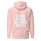 Back view mockup of a premium padel hoodie with bold I Know Where The Sweet Spot Is statement. Lobstory.eu