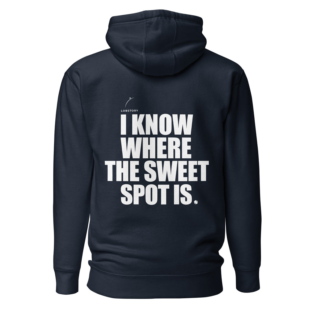 Back view mockup of a premium padel hoodie with bold I Know Where The Sweet Spot Is statement. Lobstory.eu