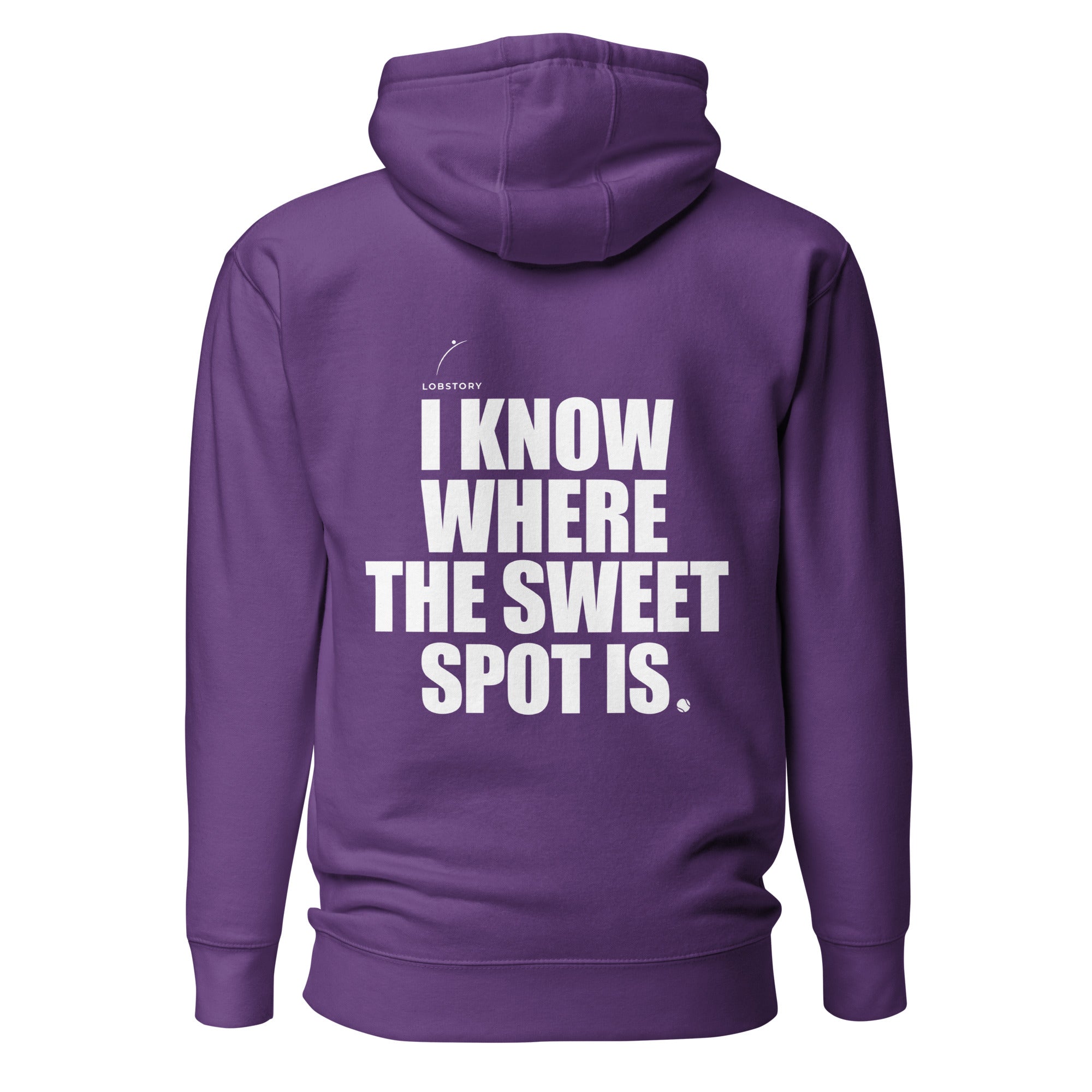 Back view mockup of a premium padel hoodie with bold I Know Where The Sweet Spot Is statement. Lobstory.eu