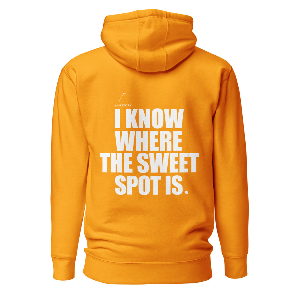 Back view mockup of a premium padel hoodie with bold I Know Where The Sweet Spot Is statement. Lobstory.eu