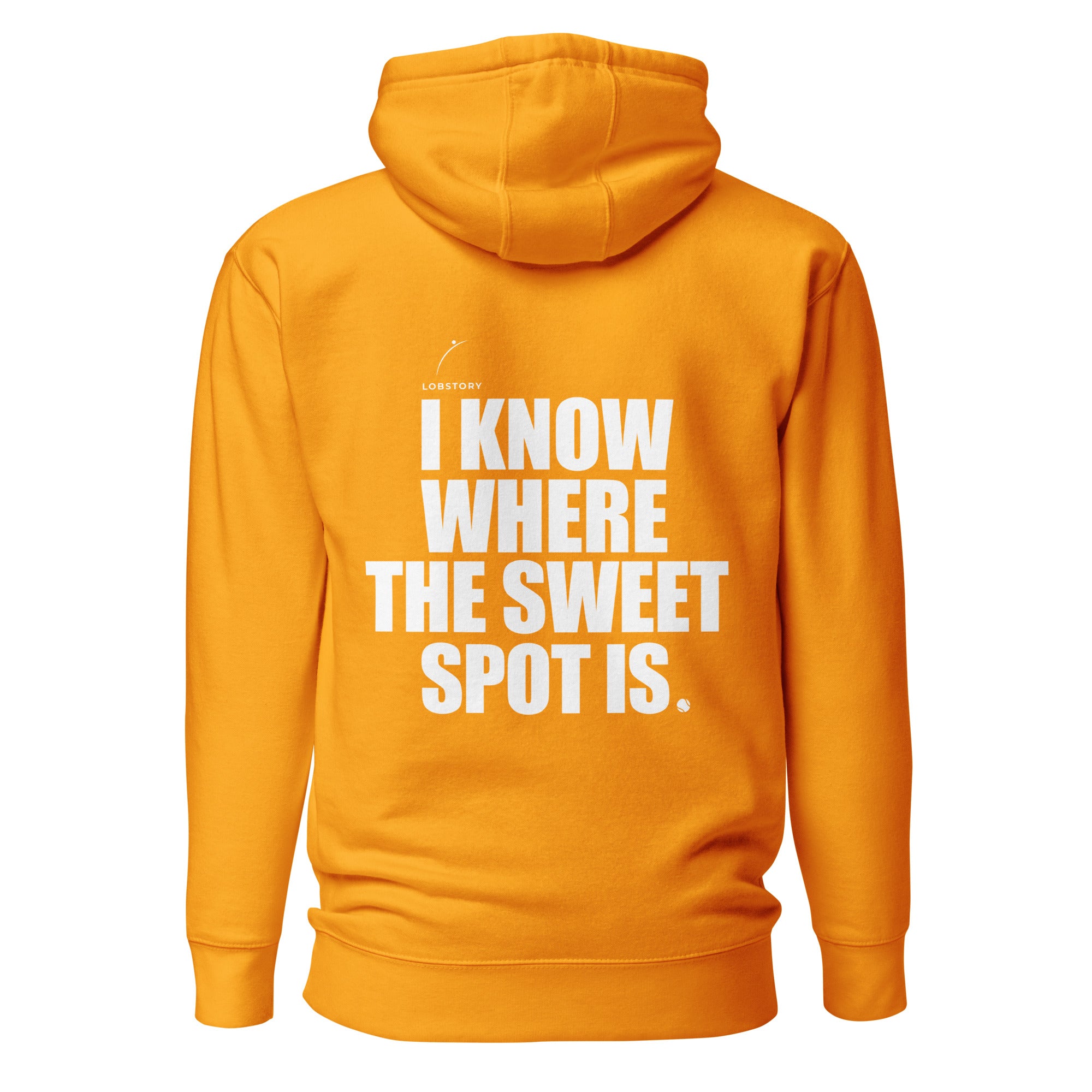 Back view mockup of a premium padel hoodie with bold I Know Where The Sweet Spot Is statement. Lobstory.eu