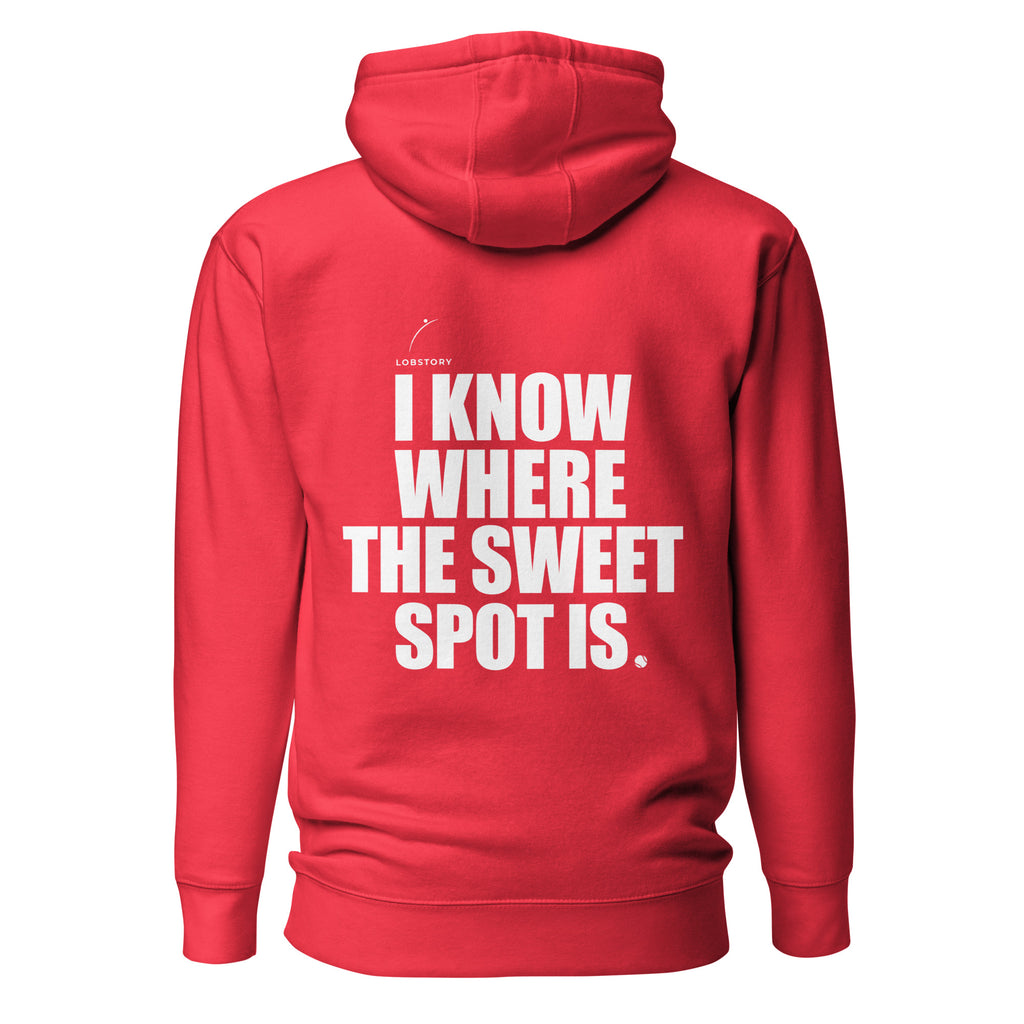 Back view mockup of a premium padel hoodie with bold I Know Where The Sweet Spot Is statement. Lobstory.eu