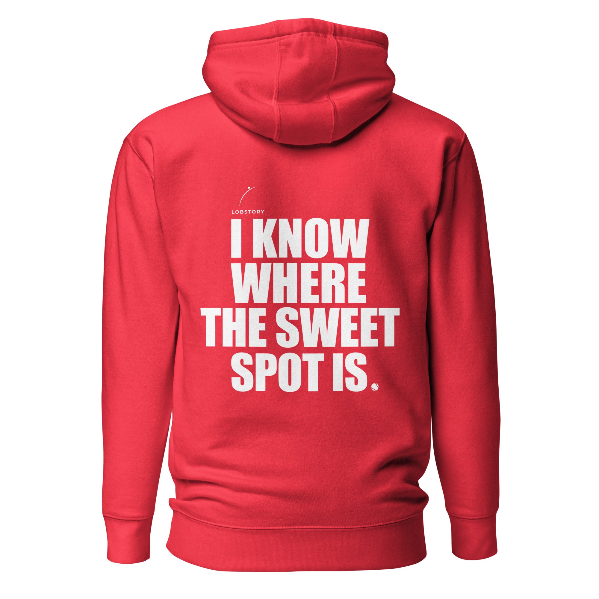 Back view mockup of a premium padel hoodie with bold I Know Where The Sweet Spot Is statement. Lobstory.eu