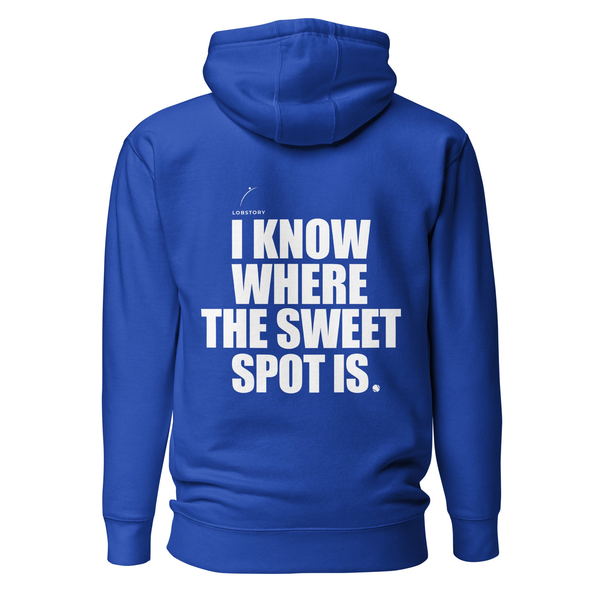 Back view mockup of a premium padel hoodie with bold I Know Where The Sweet Spot Is statement. Lobstory.eu